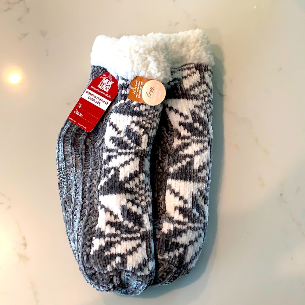 Fuzzy socks with a grip on the bottom.